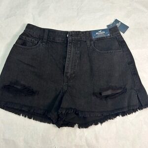 Hollister Ultra High-Rise‎ Relaxed Vintage Black Denim Jean Frayed Shorts W28/7